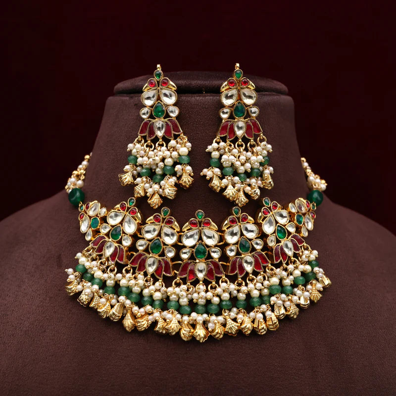 Premium Pachi Kundan Rettapakshi Lotus Hangings Bridal Choker Set