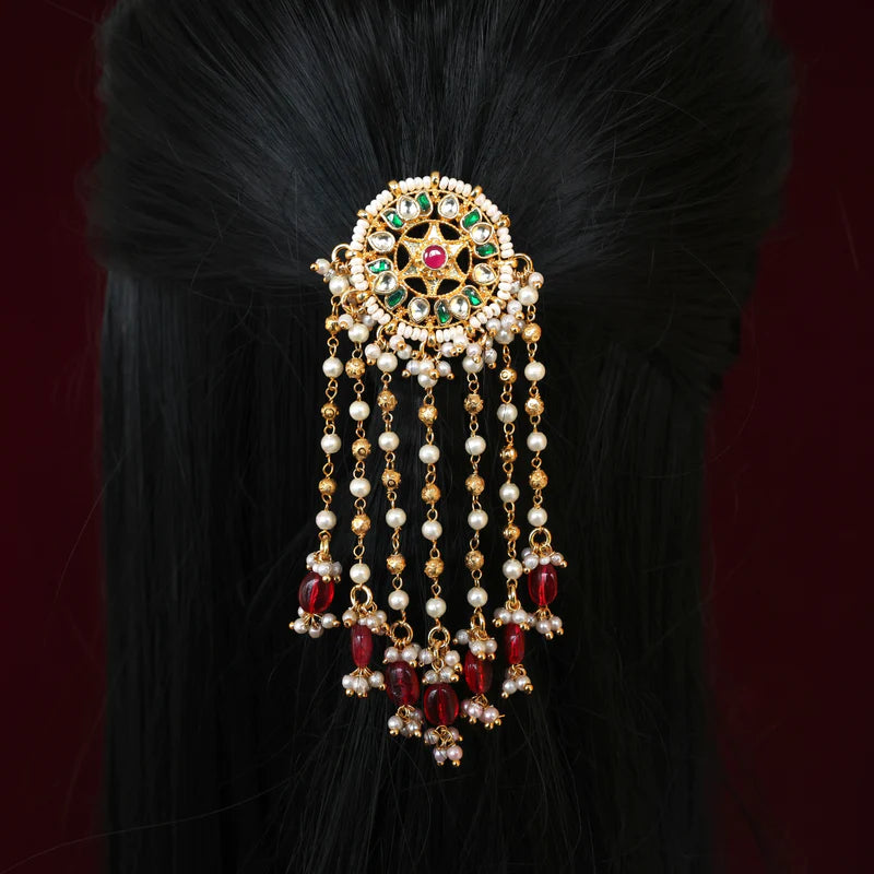 Handmade Pachi Kundan Single Piece Bridal Hair Choti - Star Lotus Whit Gold Pearl Hangings (Green & White)