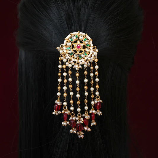 Handmade Pachi Kundan Single Piece Bridal Hair Choti - Star Lotus Whit Gold Pearl Hangings (Green & White)